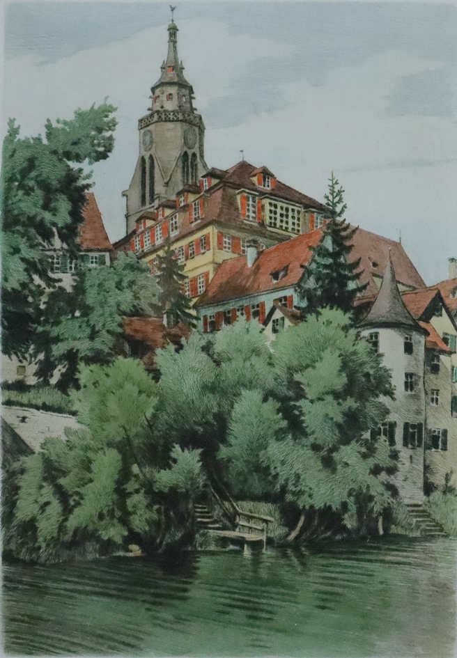 Bach, Reinhold (1880-1950) - Tübingen: Blick über den Neckar auf Hölderlinturm, Alte Aula und den T