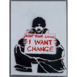 Banksy - "Dismal Canvas" mit Motiv "Keep Your Coins, I Want Change", 2015, Souvenir aus der Ausstel