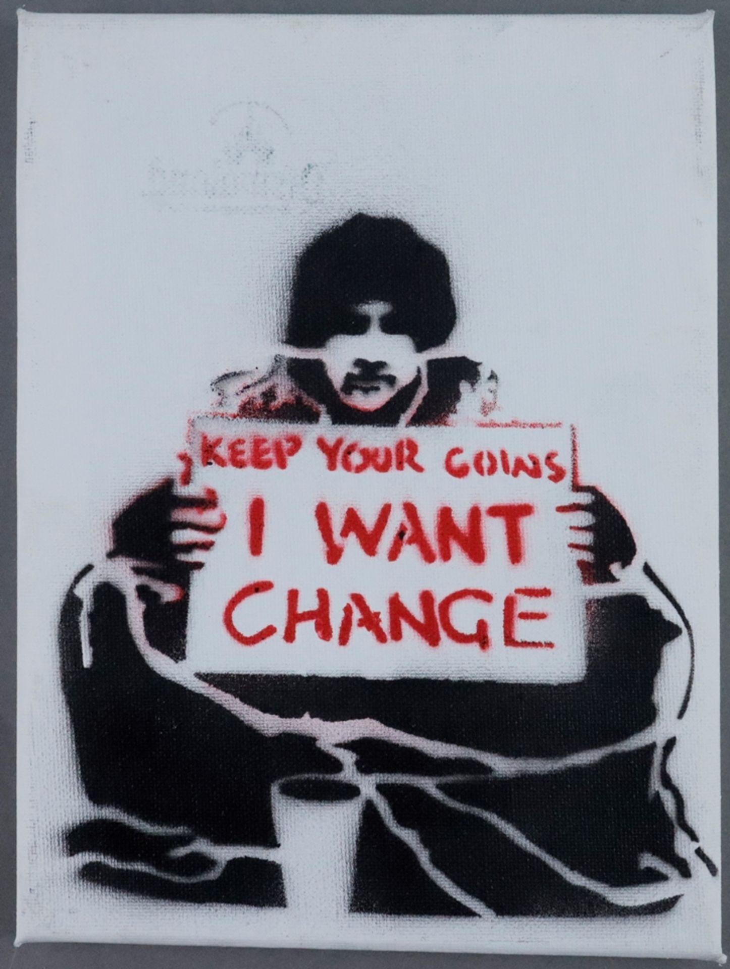 Banksy - "Dismal Canvas" mit Motiv "Keep Your Coins, I Want Change", 2015, Souvenir aus der Ausstel