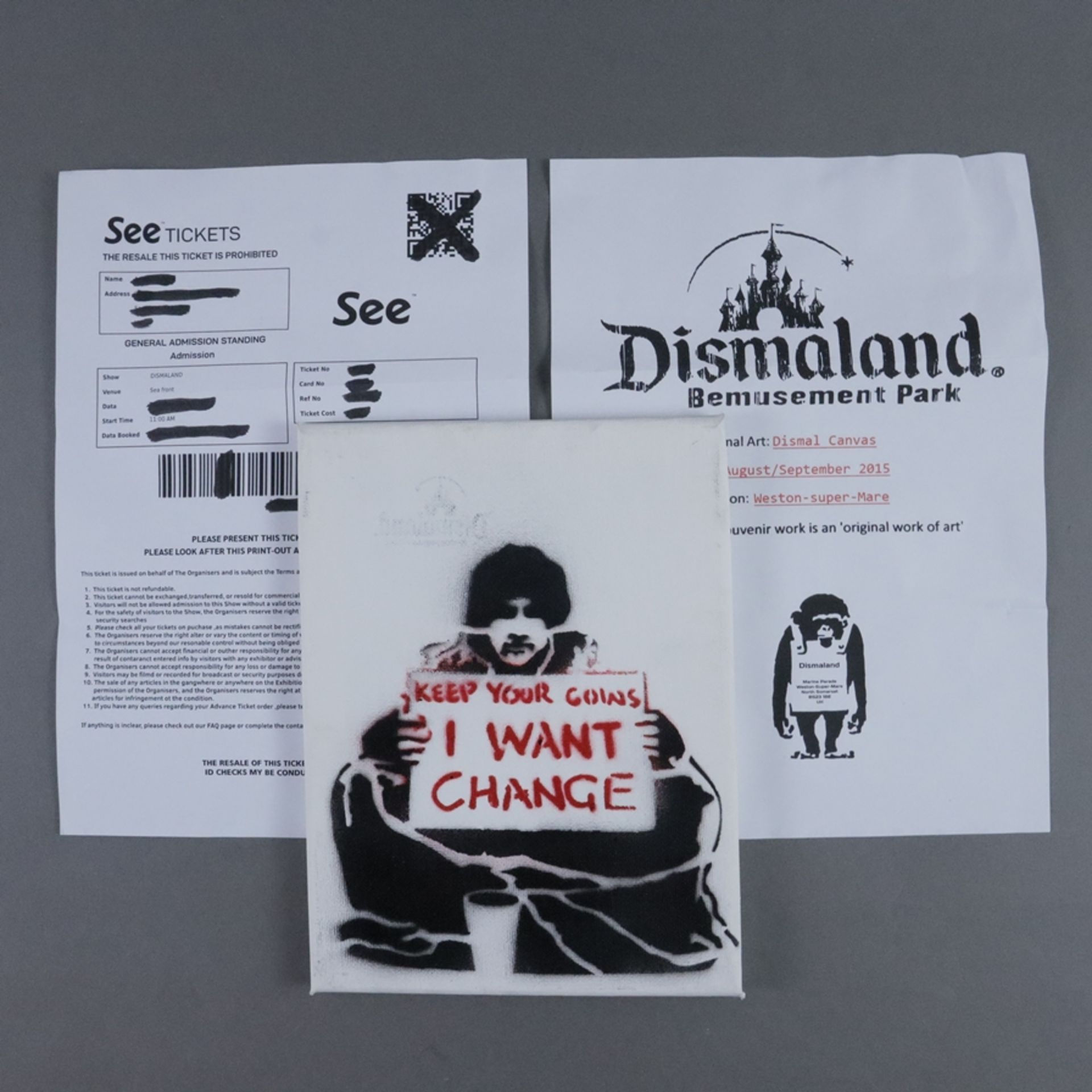 Banksy - "Dismal Canvas" mit Motiv "Keep Your Coins, I Want Change", 2015, Souvenir aus der Ausstel - Bild 6 aus 6