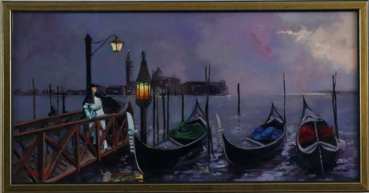Gianello, Mario (*1935 in Bologna) - Venezianische Gondeln in sanftem Abendlicht, auf dem von Later