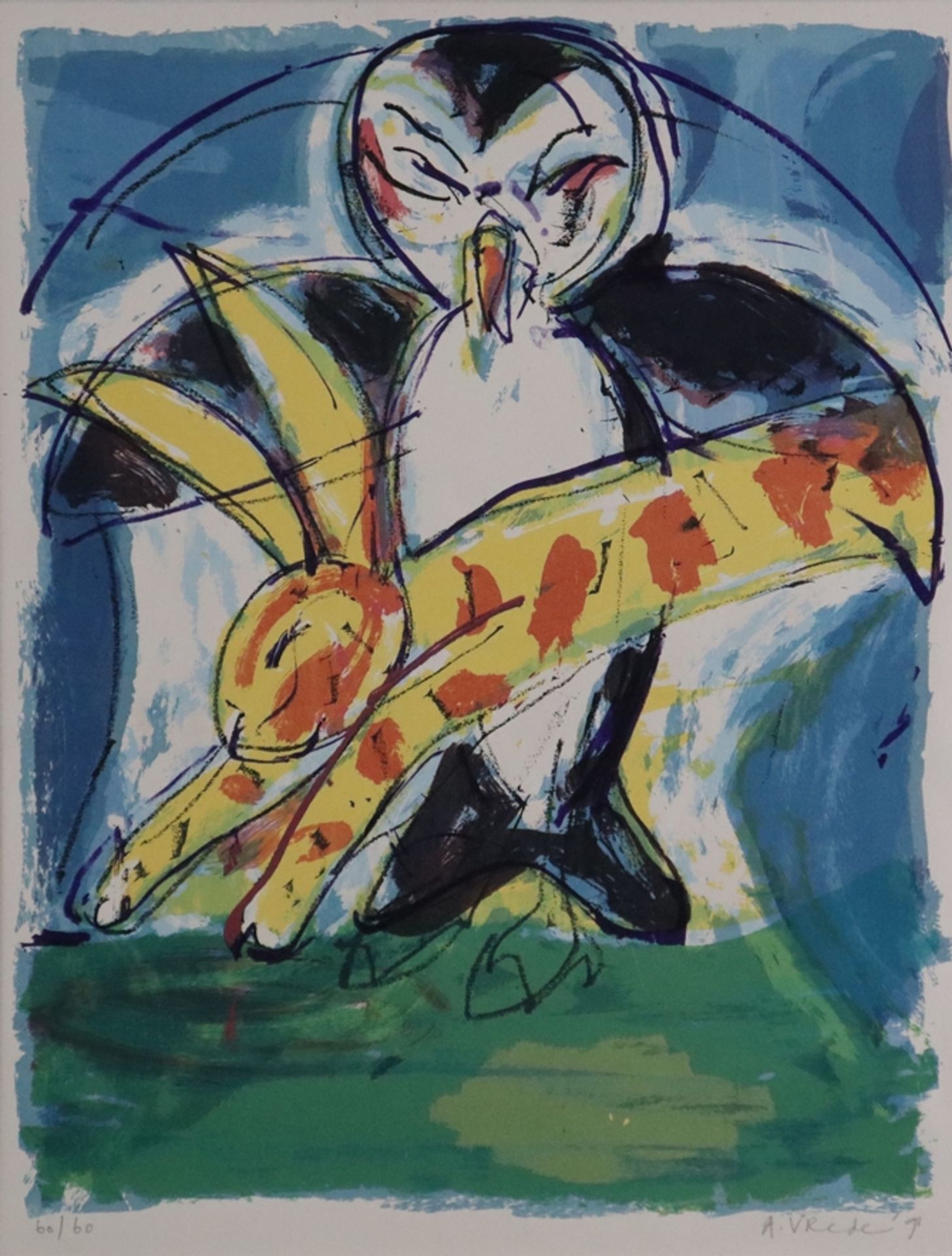 Vrede, Anton (*1953) - Pinguin und Hase, 1991, Farblithografie, unten rechts mit Bleistift signiert