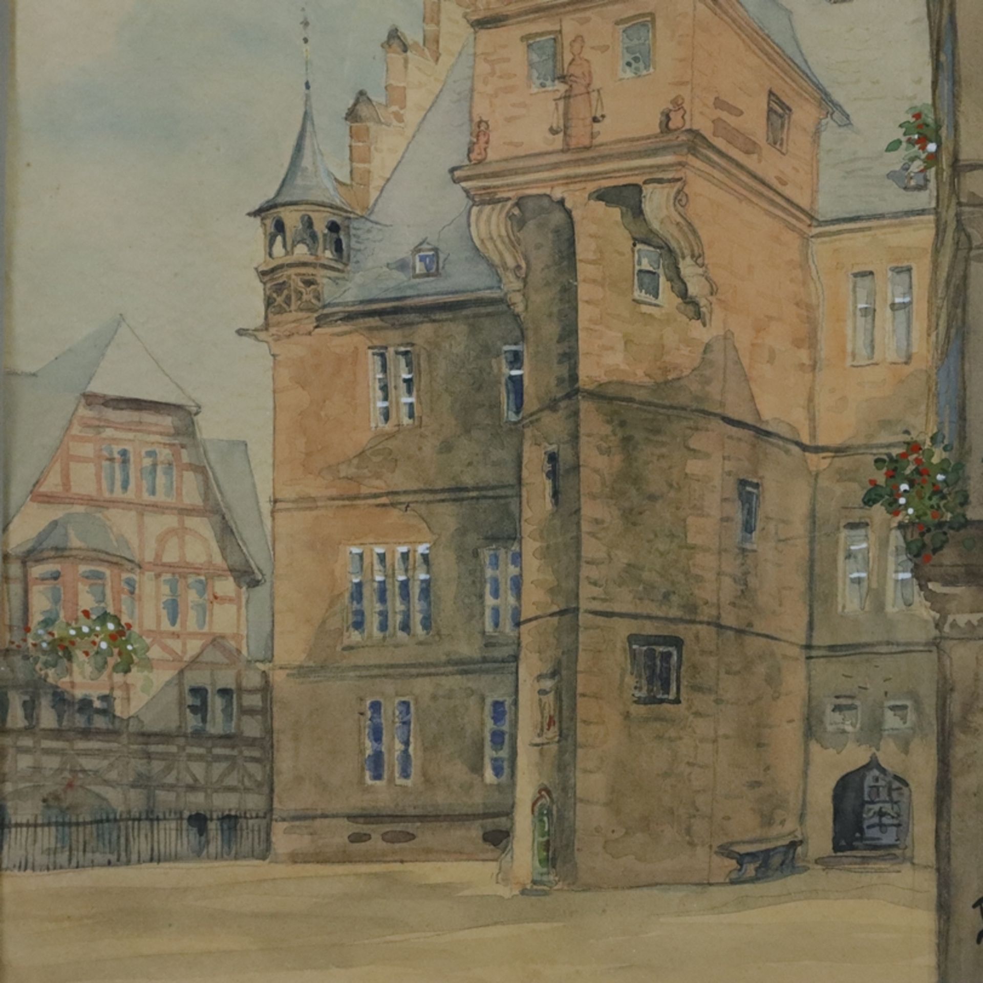 Bock (20. Jh.) - Blick auf das Marburger Rathaus, 1931, Aquarell, unten rechts signiert und datiert - Bild 4 aus 6