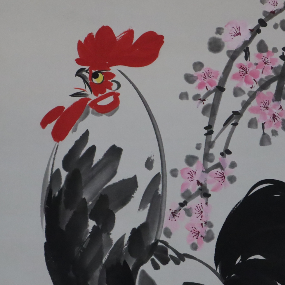Chinesisches Rollbild - Hahn auf Felsen mit blühendem Zweig, Tusche und Farben auf Papier, in chine - Image 3 of 7