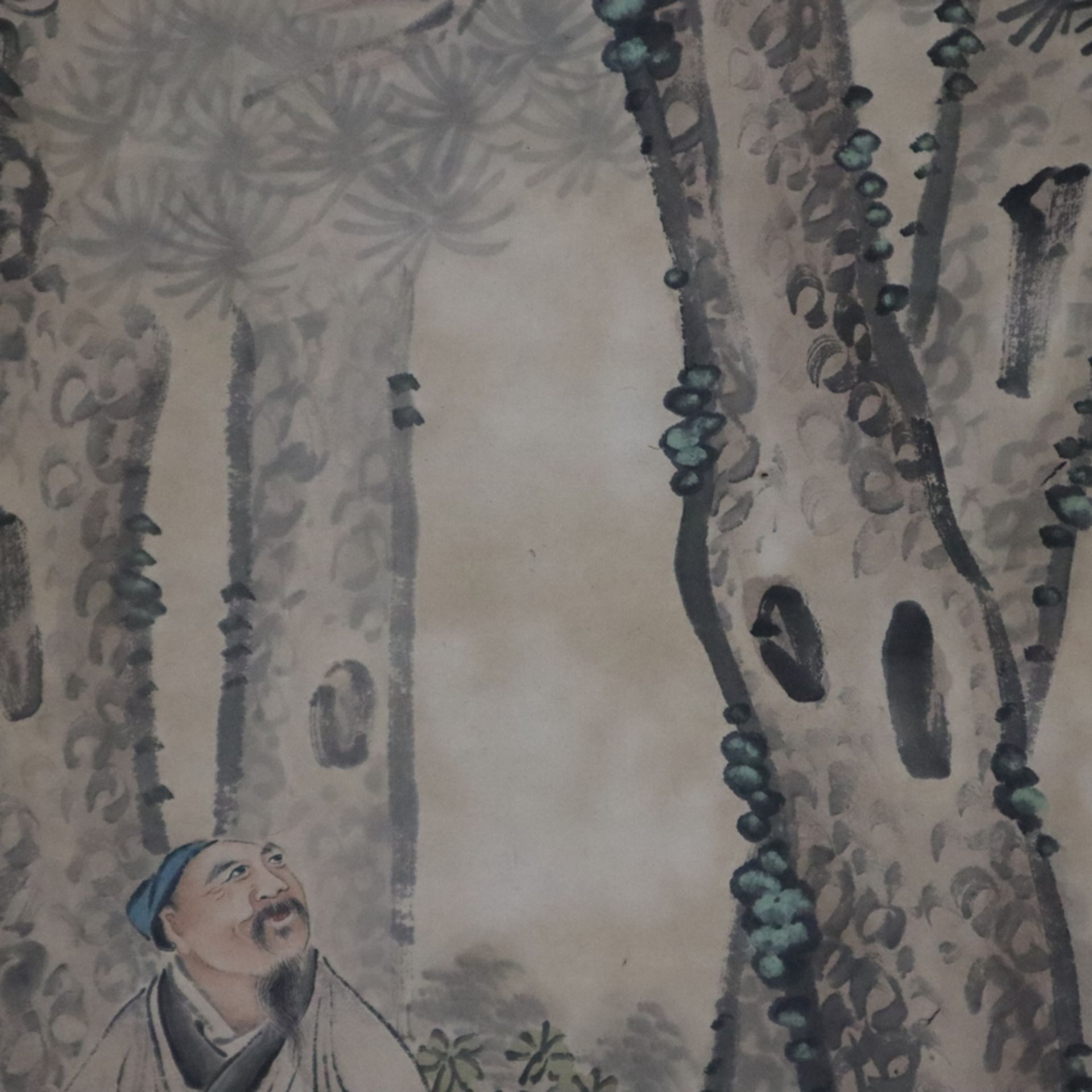 Chinesisches Rollbild - Gelehrter unter einem mächtigen Baum sitzend, Tusche und leichte Farben auf - Image 6 of 7