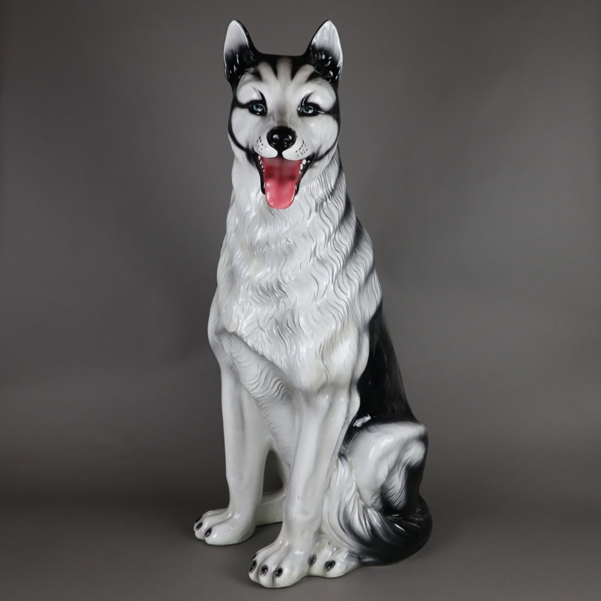 Lebensgroße Tierfigur "Husky" - Bassano, Italien, 1960er/1970er Jahre, Keramik, naturalistische Han