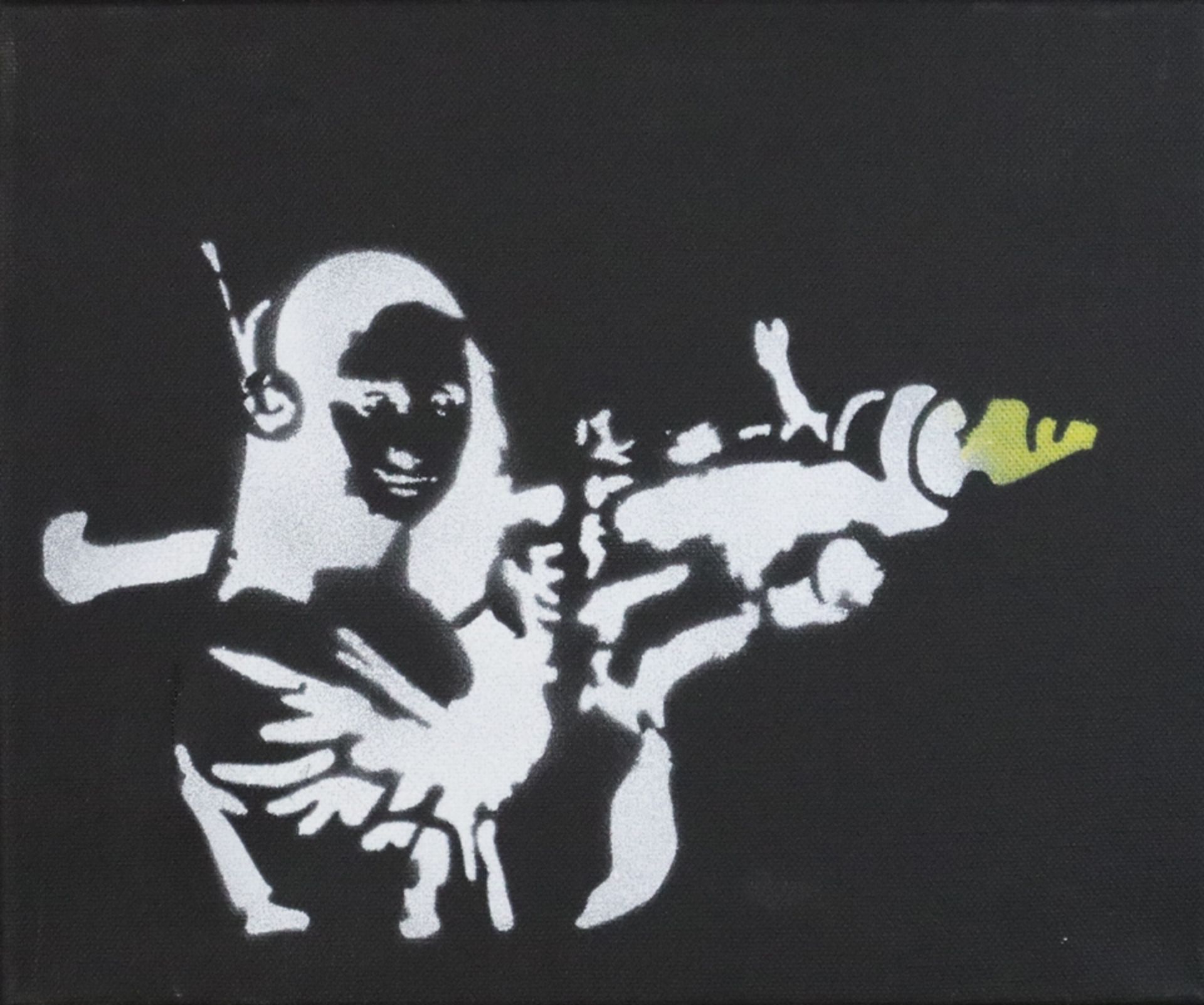 Banksy (*1974 Bristol, nach) - "Dismal Canvas" mit Motiv "Mona Lisa mit Bazooka", 2015, Souvenir au