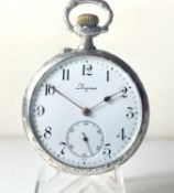 Longines 1910 High Grade 15j Pocket Watch Open Face Silver 800 Hallmarked Case with Hunting Scene
