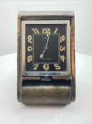 Jaeger Lecoultre Foldable Vintage Travel Desk Alarm Clock 8 Day Black Dial Arabic Numerals c1920