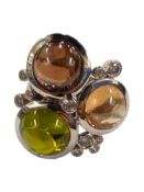 HEAVY DESIGNER RING SET WITH PERIDOT, SMOKEY AND ROSE QUARTZ AND CRYSTAL