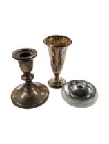 SILVER CANDLESTICK, POWDER BOWL & SILVER BUD VASE