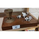 BRASS CANDLESTICK ON WOODEN BASE WITH 3 COLD PAINTED 3 LITTLE PIGS