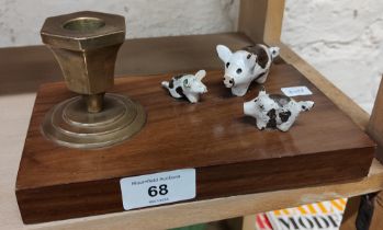 BRASS CANDLESTICK ON WOODEN BASE WITH 3 COLD PAINTED 3 LITTLE PIGS