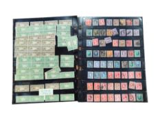TUB OF STAMPS, STAMP ALBUM OF MAINLY BRITISH COLONIES AND 2 DOUBLE SIDED SHEETS OF AMERICAN STAMPS