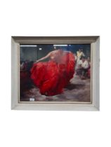 LARGE MID CENTURY FRAMED PICTURE - THE RED SKIRT - 28 X 24