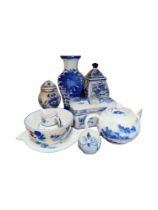 SHELF LOT OF BLUE & WHITE CERAMICS