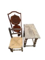 ANTIQUE CHILDS CHAIR, JOINT STOOL & CAKE STAND