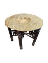 ANTIQUE FOLDING INDIAN WOOD & BRASS TABLE