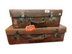 2 ANTIQUE LEATHER SUITCASES WITH STEAMER LABELS
