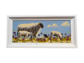 RON KEEFER - OIL ON BOARD - SHEEP GRAZING 75 X 29CM