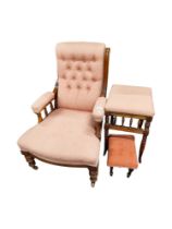 VICTORIAN CHAIR AND 2 STOOLS