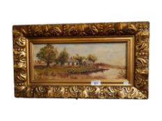 NICE GOLD GILDED FRAMED OIL ON BOARD - RIVER COTTAGE SCENE