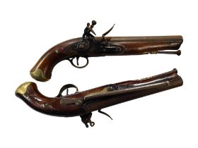 PAIR OF OFFICERS FLINTLOCK DRAGOON PISTOLS CIRCA 10 BORE. FULL WALNUT STOCKS, BELT HOOKS. HEAVY