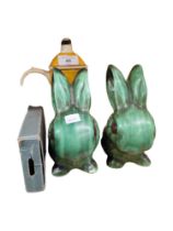 2 X RABBITS (1 AS FOUND) & WOOD NOVELTY TEAPOT