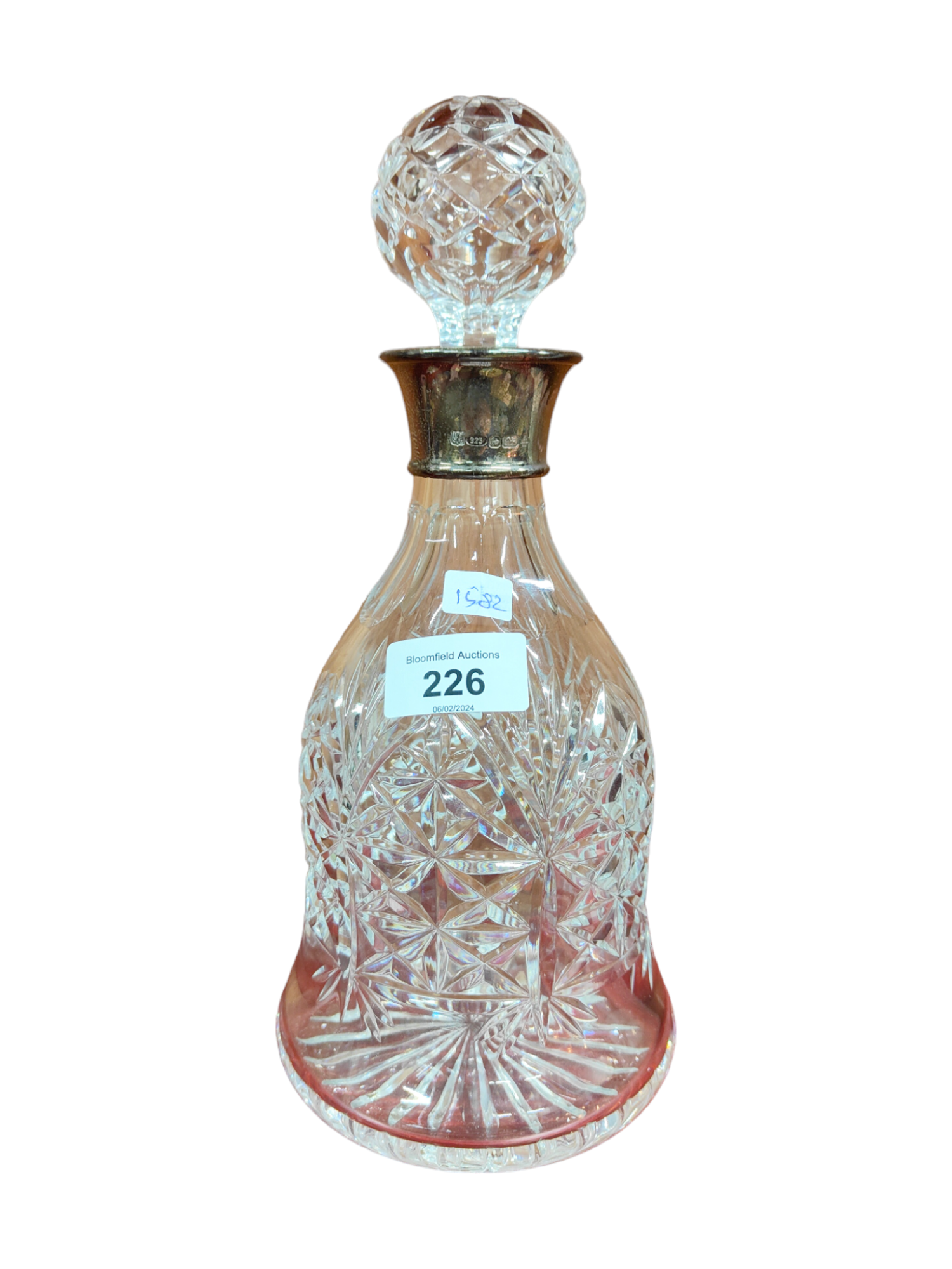 CUT GLASS DECANTER WITH SILVER COLLAR