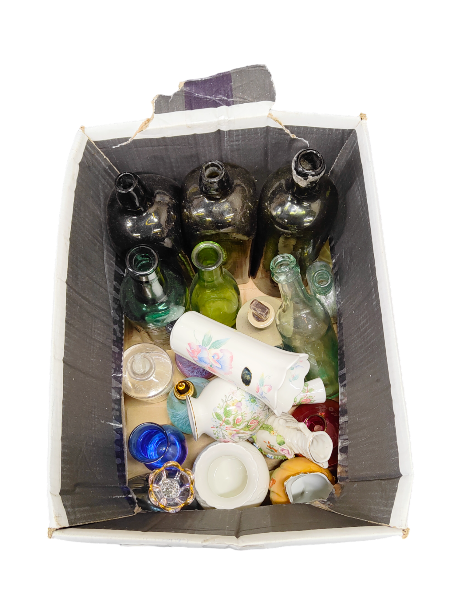 BOX OF OLD BOTTLES & VASES