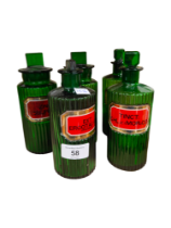 5 GREEN APOTHECARY BOTTLES WITH LABELS