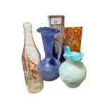 4 PIECES OF COLOURED GLASS & SHIP IN A BOTTLE