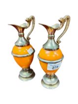 PAIR OF VINTAGE BRASS AND ORANGE MARBLE DRAGON HANDLE JUGS