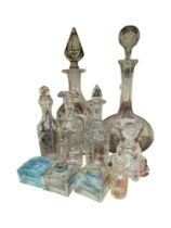 COLLECTION VINTAGE DECANTERS AND GLASS INK BOTTLES