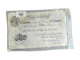 BANK OF ENGLAND £5 BANK NOTE 28TH JAN 1927 - CASHIER MAHON