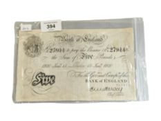 BANK OF ENGLAND £5 BANK NOTE 15TH JAN 1920 CASHIER HARVEY