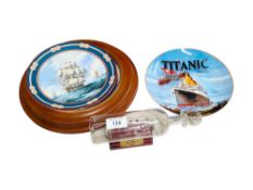 TITANIC PLATES AND TITANIC GLASS SHIP IN A BOTTLE