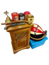 PINE CABINET, 2 WOODEN BOWS, TINS & BALLOON ORNAMENT & BOX ANIMALS