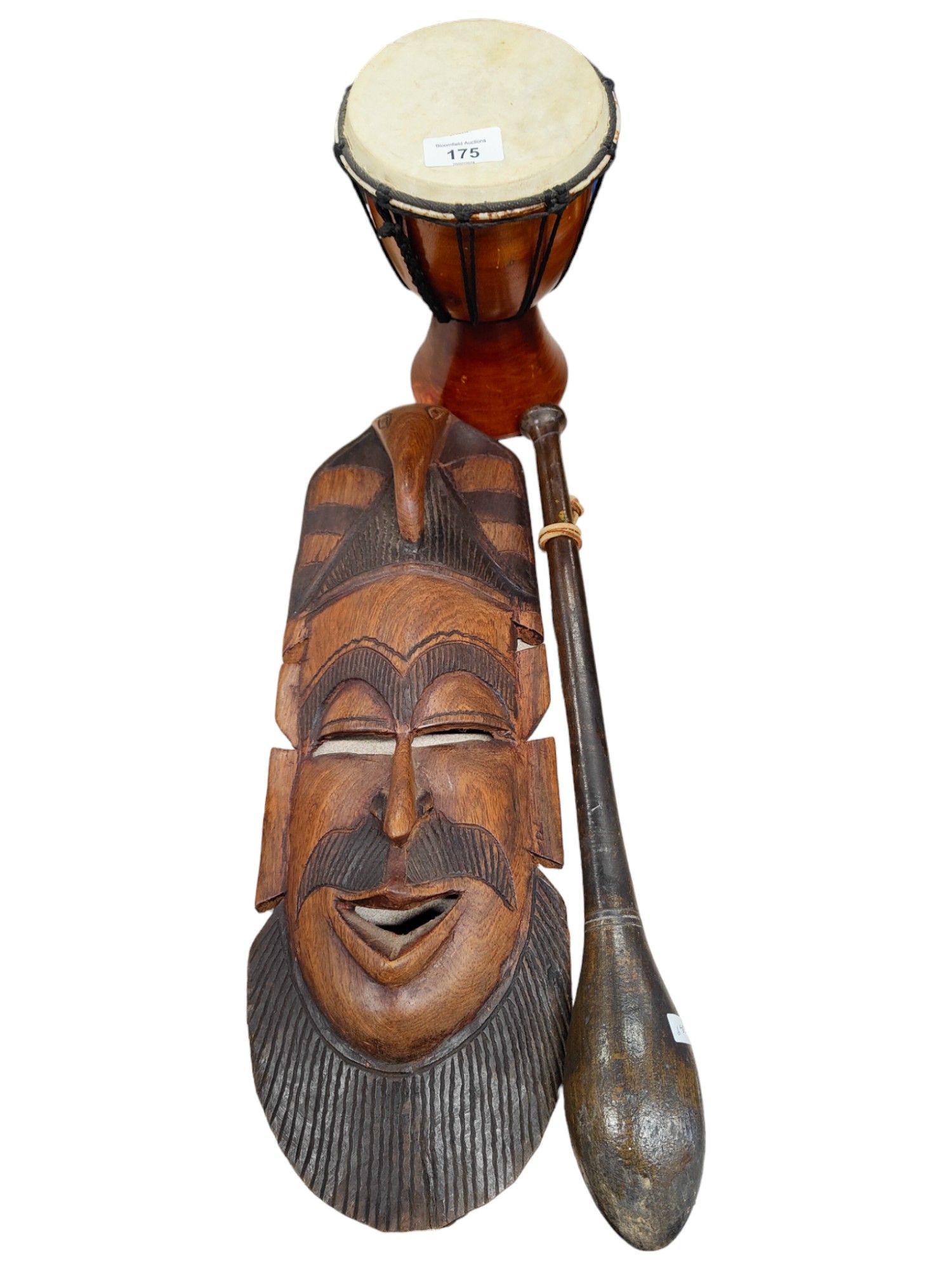 OLD TRIBAL CLUB, MASK & BONGO DRUM