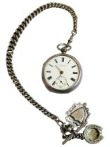 ANTIQUE SILVER POCKET WATCH, CHAIN AND FOBS