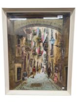 SIGNED CONTINENTAL WATERCOLOUR STREET SCENE 63CM X 49CM