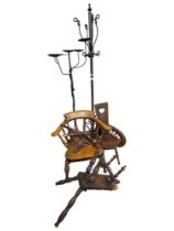 SPINNING WHEEL, CAPTAINS CHAIR, SPINNING CHAIR & 2 WROUGHT IRON STANDS