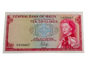 CENTRAL BANK OF MALTA TEN SHILLINGS BANKNOTE