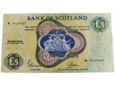 BANK OF SCOTLAND £5 BANKNOTE 1ST NOVEMBER 1968 LORD POLWARTH