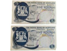 2 X ROYAL BANK OF SCOTLAND £5 BANK NOTES - 15TH JULY 1970 AND 19TH MARCH 1969