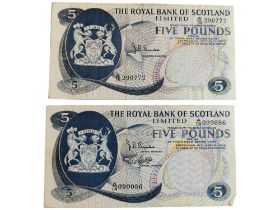 2 X ROYAL BANK OF SCOTLAND £5 BANK NOTES - 15TH JULY 1970 AND 19TH MARCH 1969