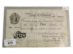 BANK OF ENGLAND £5 BANKNOTE 1949 NOVEMBER 3 P.S.BEALE