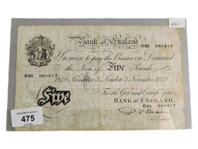 BANK OF ENGLAND £5 BANKNOTE 1949 NOVEMBER 3 P.S.BEALE