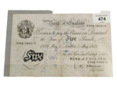 BANK OF ENGLAND £5 BANKNOTE 1956 MAY 4 L.K.OBRIEN