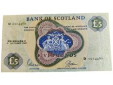 BANK OF SCOTLAND £5 BANKNOTE 9TH DECEMBER 1969 LORD POLWARTH
